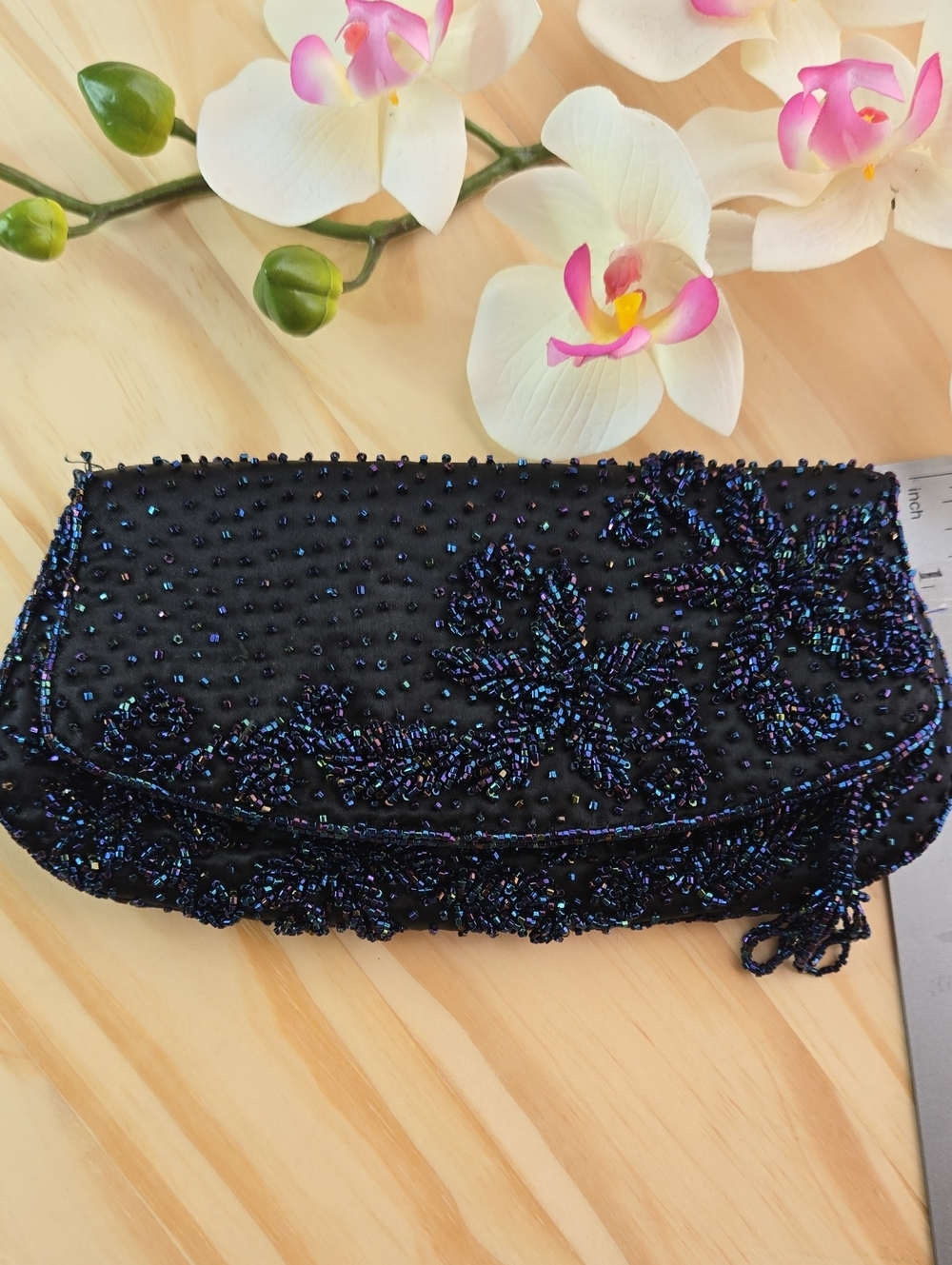 Vintage Black Beaded Evening Clutch with Iridescent Accents